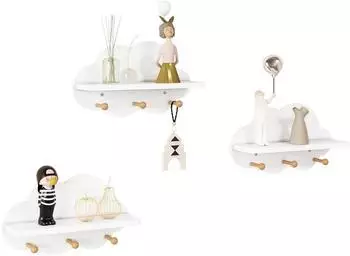 Woltu Wolkenregal mit Haken, weiß, 36x12x20,5cm, 3er-Set (W0ETT0049-3)