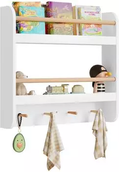 Woltu Kinder-Wandregal 2 Ebenen mit 4 Haken, 60x12x55cm, weiß (W0ETT0017)