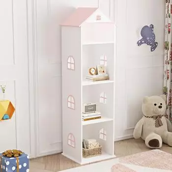 en.casa Vipsali Kinderregal Hausform 4 offene F&auml;cher, MDF, 140x40x35cm, wei&szlig;/rosa
