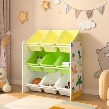en.casa Mux&iacute;a Kinderregal 9 Aufbewahrungsboxen Dinosaurier-Motiv, gr&uuml;n/gelb (800000541784)