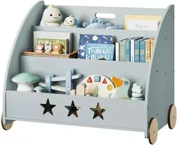 Woltu Kinderregal mit Rollen, 3 Fächer, Holz, grau (#2786)