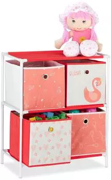 Relaxdays Kinderregal Schwan-Design mit 4 Boxen, weiß/rot (62x53x30cm)