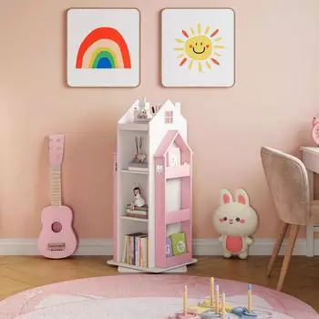 en.casa Vipsali Kinderregal drehbar, Hausdesign, 108x40x40cm, rosa/wei&szlig;