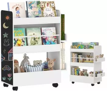 AIYAPLAY Kinder-B&uuml;cherregal mit Tafel, Rollen und Bodenfach (311-105V90WT)