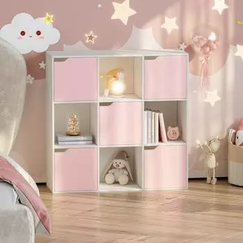 en.casa Ljunshund Kinderregal 9 Fächer, 5 Türen, 90x90x30cm, weiß/rosa