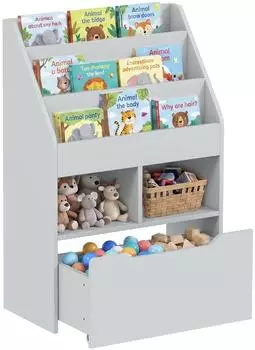 HomCom Kinder-B&uuml;cherregal mit Schublade, 3 Ablagef&auml;chern, grau (60x29,9x90cm)
