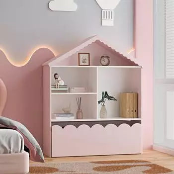 en.casa Vestnes Kinderregal Hausoptik 114x91x30cm, rosa/wei&szlig;