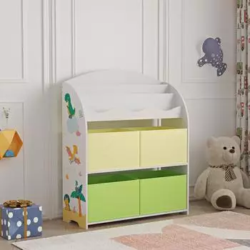 en.casa Kinderregal 'Orust' mit 4 Aufbewahrungsboxen, Dinosaurier-Motiv, wei&szlig;/gr&uuml;n/gelb