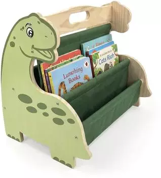 Relaxdays Kinderb&uuml;cherregal Dino, Holz, 4 Stofff&auml;cher, beidseitig, 34x44x31cm (10054041_1179_IT)