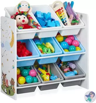 Relaxdays Kinderregal mit 9 Boxen, wei&szlig;/grau/hellblau, 65x31,5x67cm