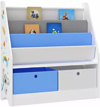 en.casa Neda Kinderregal 3 F&auml;cher, 2 Faltboxen, Koala-Motiv, 74x71x23cm, wei&szlig;/grau/blau