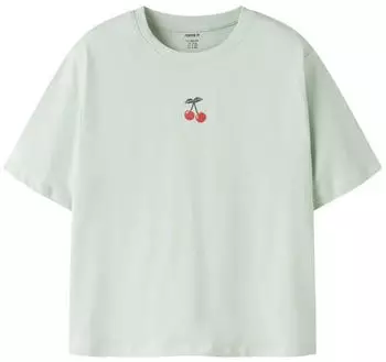 Name It NKFVICTORIA SS NREG TOP T-Shirt mit Stickerei, Regular Fit (21464938) mint/dunkelgr&uuml;n/rot