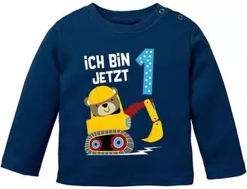 MoonWorks Baby Langarm-Shirt erster/zweiter Geburtstag Bär Bagger Bauarbeiter (18530) navy