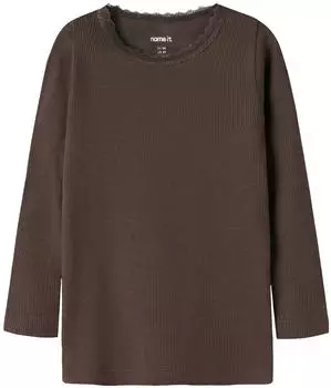 Name It NMFKAB LS Top NOOS Langarmshirt in Feinripp mit Spitzenkante french roast/dunkelbraun