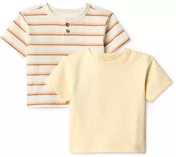 Amazon Essentials Sofia Grainge Kurzärmeliges Baumwoll-T-Shirt mit Rundhalsausschnitt, 2er-Pack (AEBB36091S25/AEBB76232S25) blassgelb/streifen