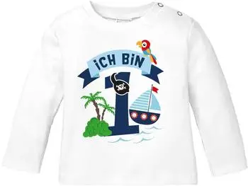 MoonWorks Langarm-Shirt 1. Geburtstag Ich bin 1 Pirat Bio-Baumwolle (15139) weiß