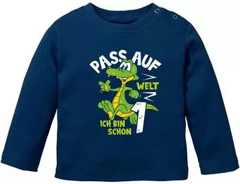 MoonWorks Baby Langarm-Shirt 1. Geburtstag Krokodil Drache 'Pass auf Welt bin schon 1' (20822) navy weiß