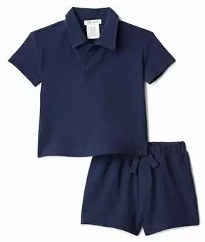 Amazon Essentials AEUB14065 Spielset aus Baumwoll-Piqué mit kurzärmeligem Hemd und Shorts blau