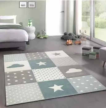 Merinos Kinderteppich mit Stern & Wolke, Blau/Grau/Creme, 160x230cm (22755/0253)