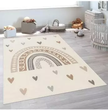 Paco Home Nino 887 Kinderteppich Kurzflor, beige, Motiv Regenbogen & Herzen, 133x190cm (887)