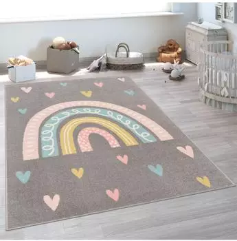 Paco Home Nino 887 Kinderteppich Kurzflor, grau, Regenbogen & Herzen, 120x160cm (887)