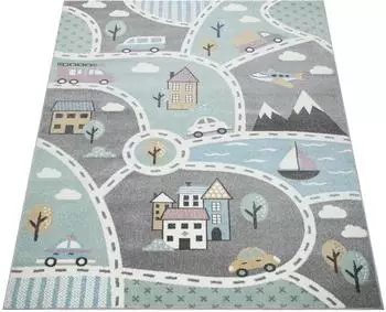 Paco Home Capri 318 Kinderteppich rund, Stra&szlig;en-Motiv, gr&uuml;n/grau, &Oslash;120cm (83125032-0)