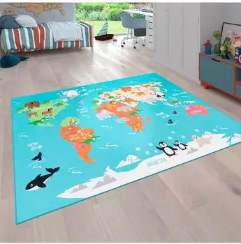 Paco Home Bino 564 Kinderteppich Weltkarte türkis 120x160cm (bin 564 turquoise 120x160)