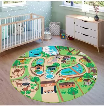 Paco Home Bino 563 Kinderteppich Kurzflor, Zoo-Motiv, beige, Ø160cm (76000648-0)