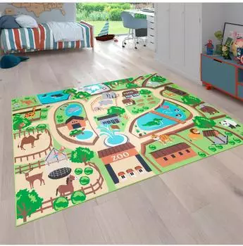 Paco Home Bino 563 Kinderteppich Kurzflor, Zoo-Motiv, beige, 120x160cm (Bino 563)