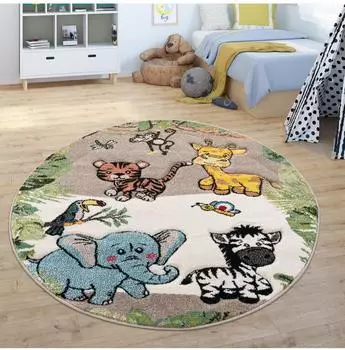 Paco Home Diamond 644 Kinderteppich rund, Kurzflor, 3D-Design Dschungel Tiere, beige, Ø 120cm (24106052-9)