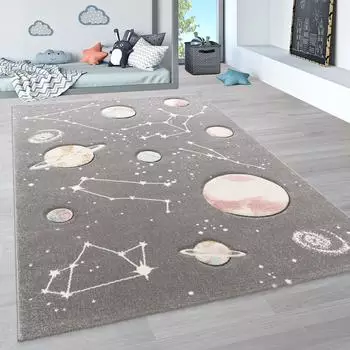 Paco Home Cosmo 347 Kinderteppich 3D-Design Weltraum, grau, 133x133cm (Cosmo 347)