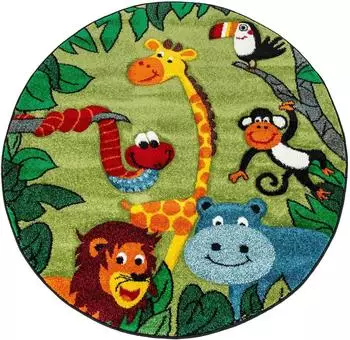Paco Home Diamond 638 Kinderteppich rund Kurzflor 3D-Design Dschungel Tiere gr&uuml;n (Diamond 638)
