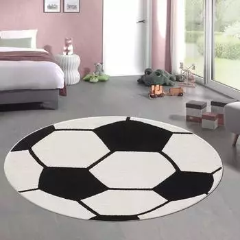 Carpetia Fußball-Teppich rund, schwarz/weiß, Kinderzimmer (54038-290)