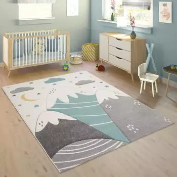 Paco Home Cosmo Kinderteppich pastell, blau-grau, Berge & Sterne (707)