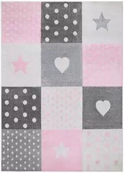 Tapiso Lazur Kinderteppich Kurzflor, Sterne & Herzen, rosa (80x150cm)