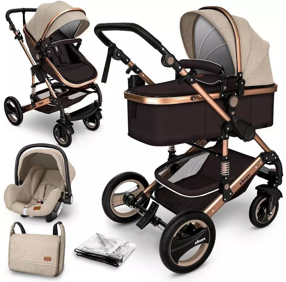 Kiduku 3 in 1 Kombi-Kinderwagen braun/gold 3in1 Kinderwagen