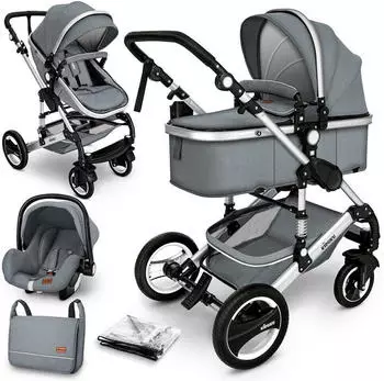 Kiduku 3 in 1 Kombi-Kinderwagen grau/silber