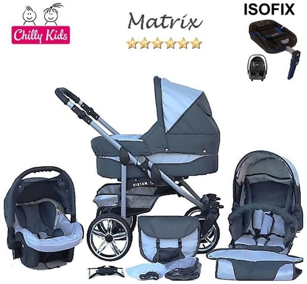 Chilly Kids Matrix II Kinderwagen Safety-Set (Autositz & ISOFIX Basis, Regenschutz, Moskitonetz, Schwenkräder) 16 Grafit & Hellgrau
