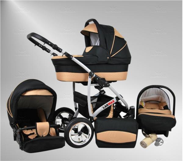 True Love Larmax Kinderwagen Safety-Set (Autositz & ISOFIX Basis, Regenschutz, Moskitonetz, Schwenkräder) 43 Cosmic Black & Sahne