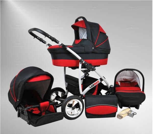 True Love Larmax Kinderwagen Safety-Set (Autositz & ISOFIX Basis, Regenschutz, Moskitonetz, Schwenkräder) 32 Cosmic Black & Hot Red