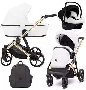 Kunert ARIZO PREMIUM 3in1 Kinderwagen Öko-Leder, weiß, goldenes Gestell