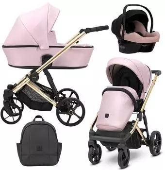 Kunert ARIZO PREMIUM 3in1 Kinderwagen Öko-Leder, rosa, goldenes Gestell