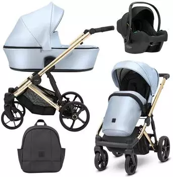 Kunert ARIZO PREMIUM 3in1 Kinderwagen Öko-Leder, blau, goldenes Gestell