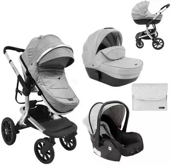 KIKKABOO Irene Kombikinderwagen 3-in-1 mit Babywanne, Autositz & Wickeltasche, hellgrau