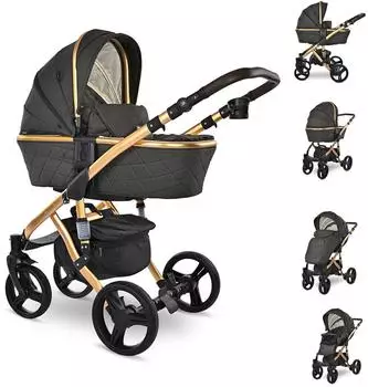 Lorelli Rimini Premium Kinderwagen mit Sportsitz, Tragewanne & Moskitonetz, schwarz/gold