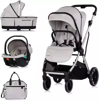 Chipolino Aurora Kombikinderwagen 3-in-1 mit Babywanne, Babyschale i-Size, hellgrau