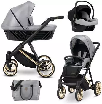 Kunert IVENTO PREMIUM 3in1 Kombi-Kinderwagen Öko-Leder silber, Goldrahmen