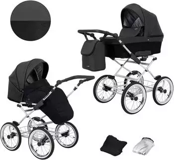 Kunert Romantic 2in1 Kinderwagen Öko-Leder, schwarz/grau, grauer Rahmen