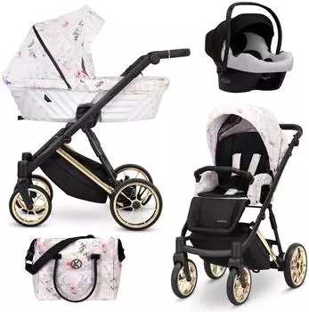 Kunert Ivento Premium 3in1 Kombikinderwagen weiß/bunt, Goldrahmen, Zarte Blumen