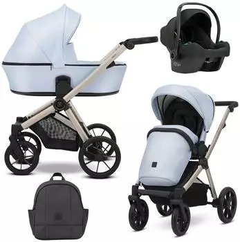 Kunert Brav 3-in-1 Kombikinderwagen Öko-Leder, blau, Champagner-Rahmen